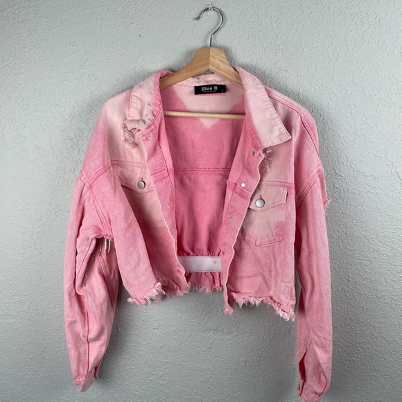 Denim Cropped Pink Jacket with Fringe Rhinestones and Sparkling Stars - Picture 4 of 8